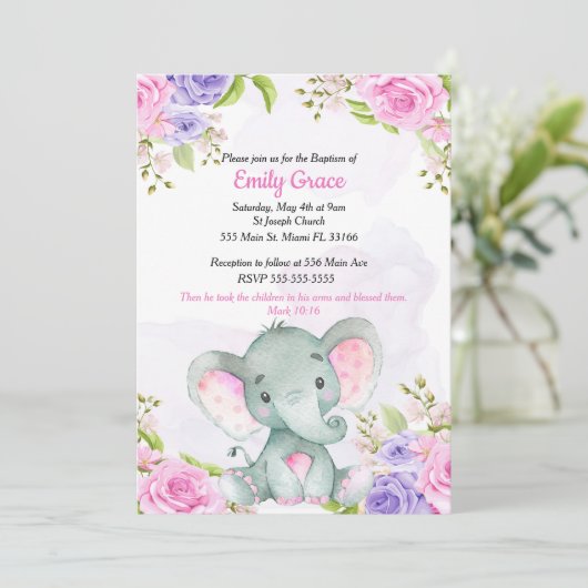 Floral Waterverf Elephant Girl Baptism Uitnodiging (Staand voorkant)