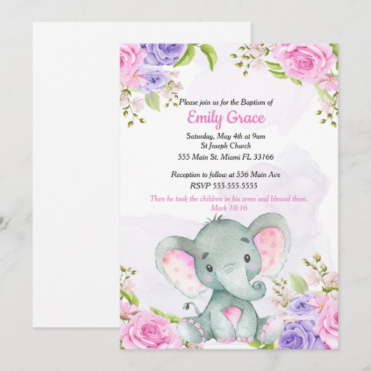 Floral Waterverf Elephant Girl Baptism Uitnodiging (Voorkant / Achterkant)