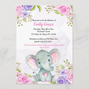 Floral Waterverf Elephant Girl Baptism Uitnodiging