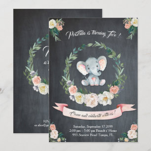 Floral waterverf Elephant Invitation, Baby 2de Kaart