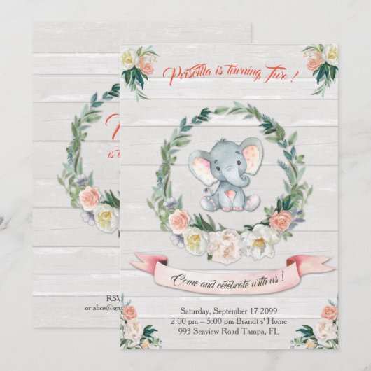 Floral waterverf Elephant Invitation, Baby 2de Kaart (Voorkant / Achterkant)
