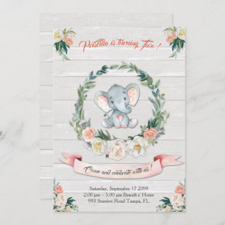 Floral waterverf Elephant Invitation, Baby 2de Kaart