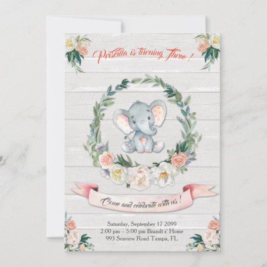 Floral waterverf Elephant Invitation, Baby 3de Kaart (Voorkant)