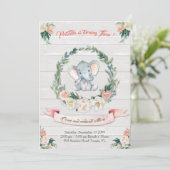 Floral waterverf Elephant Invitation, Baby 3de Kaart (Staand voorkant)