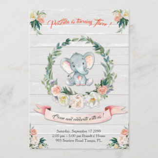 Floral waterverf Elephant Invitation, Baby 3de Kaart