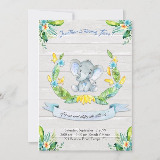 Floral waterverf Elephant Invitation, Baby boy 3rd Kaart (Voorkant)