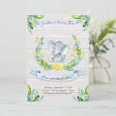 Floral waterverf Elephant Invitation, Baby boy 3rd Kaart (Staand voorkant)