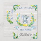 Floral waterverf Elephant Invitation, Baby boy 3rd Kaart (Voorkant / Achterkant)