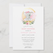 Floral Waterverf Elephant Moon Girl Baby shower Kaart (Voorkant)