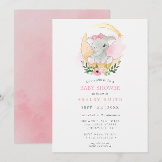 Floral Waterverf Elephant Moon Girl Baby shower Kaart (Voorkant / Achterkant)