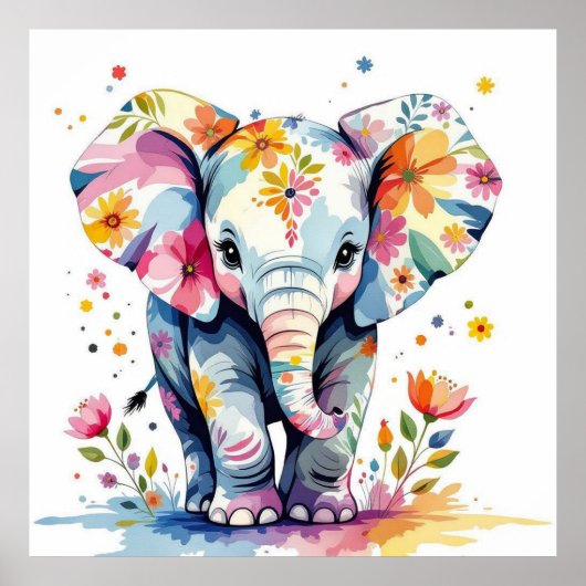 Floral Waterverf Elephant Poster (Voorkant)