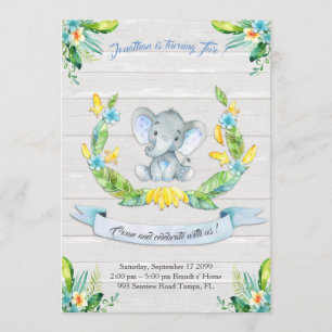 Floral waterverf Elephant Uitnodiging, Baby jongen Kaart