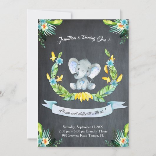 Floral waterverf Elephant Uitnodiging, Babyjongen Kaart (Voorkant)