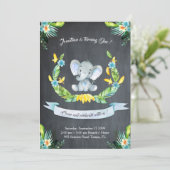 Floral waterverf Elephant Uitnodiging, Babyjongen Kaart (Staand voorkant)