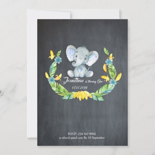 Floral waterverf Elephant Uitnodiging, Babyjongen  Kaart (Achterkant)