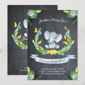 Floral waterverf Elephant Uitnodiging, Babyjongen Kaart (Voorkant / Achterkant)