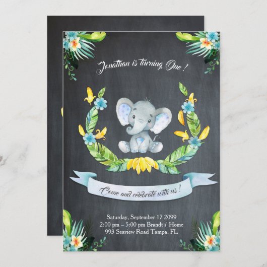 Floral waterverf Elephant Uitnodiging, Babyjongen  Kaart (Voorkant / Achterkant)