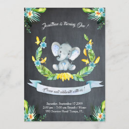 Floral waterverf Elephant Uitnodiging, Babyjongen  Kaart