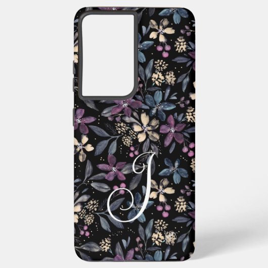 Floral Waterverf Floral over zwart Samsung Galaxy Hoesje (Achterkant)