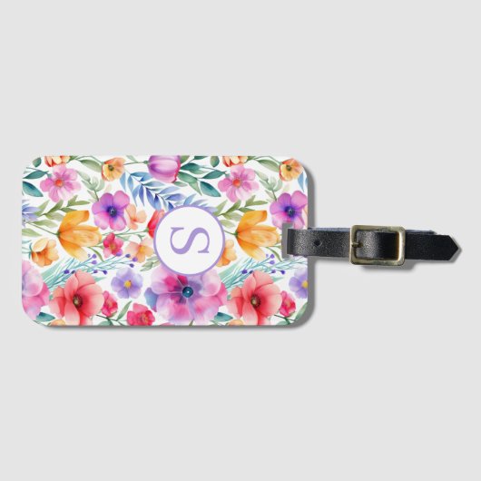 Floral Waterverf gepersonaliseerd monogram Bagagelabel (Voorkant (horizontaal))
