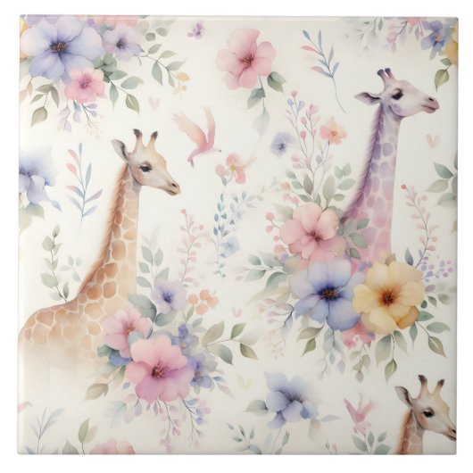 Floral Waterverf Giraffe Tegel Design Tegeltje (Voorkant)