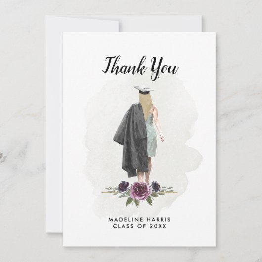 Floral Waterverf Girl Aangepast Afstuderen Foto Bedankkaart (Voorkant)