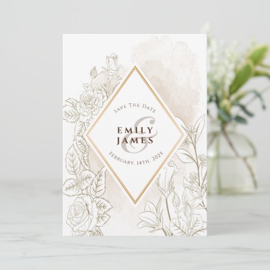 Floral Waterverf Gold Fremad Wedding Invitation Kaart (Staand voorkant)