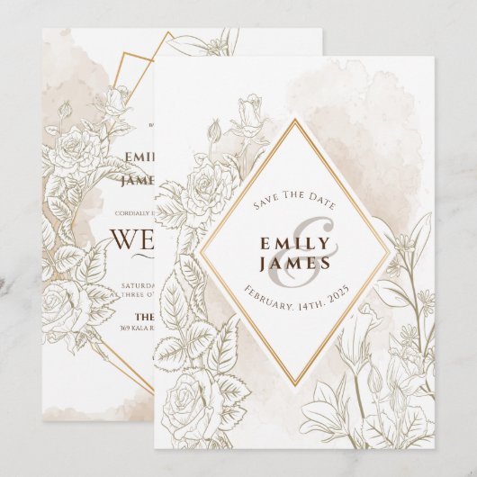 Floral Waterverf Gold Fremad Wedding Invitation Kaart (Voorkant / Achterkant)
