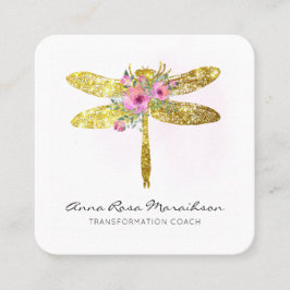 *~* Floral Waterverf Gold Glitter Dragonfly Squ Vierkante Visitekaartje