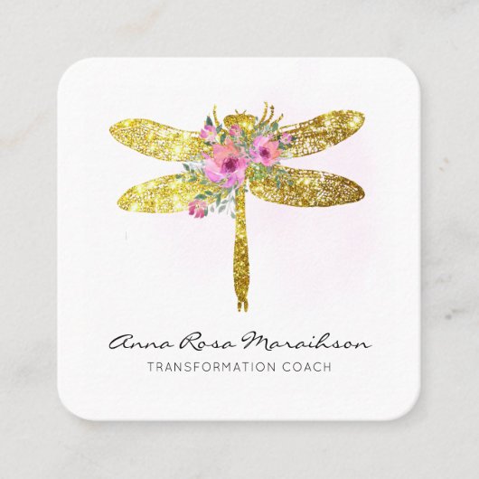 *~* Floral Waterverf Gold Glitter Dragonfly Squ Vierkante Visitekaartje (Voorkant)
