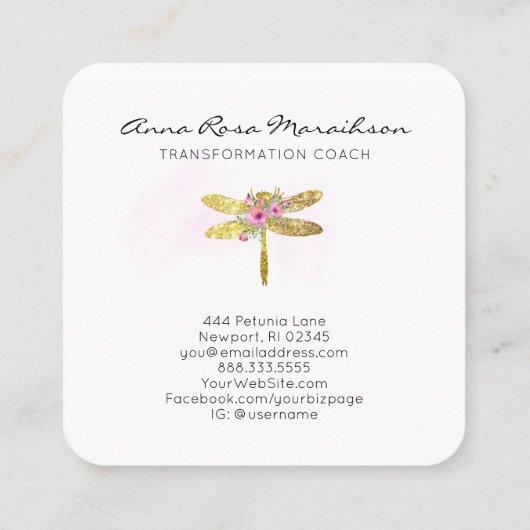 *~* Floral Waterverf Gold Glitter Dragonfly Squ Vierkante Visitekaartje (Achterkant)