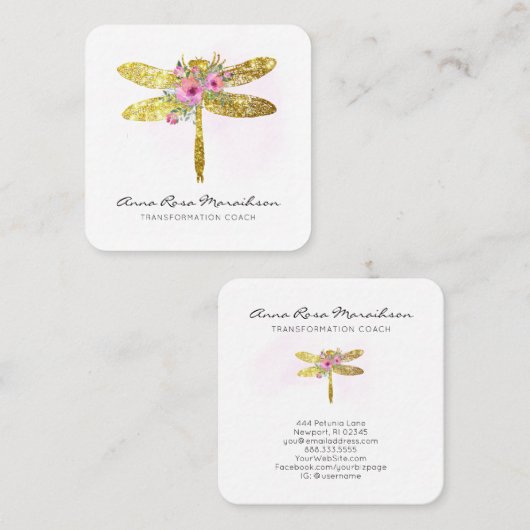 *~* Floral Waterverf Gold Glitter Dragonfly Squ Vierkante Visitekaartje (Voorkant / Achterkant)
