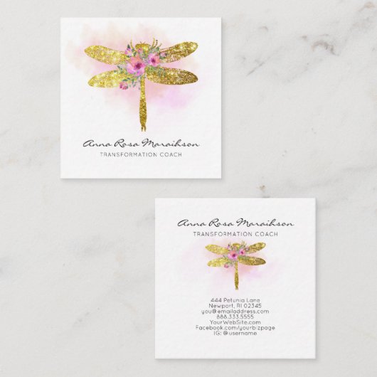 *~* Floral Waterverf Gold Pink Peach Dragonfly Vierkante Visitekaartje (Voorkant / Achterkant)