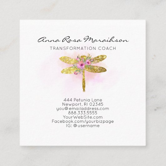 *~* Floral Waterverf Gold Pink Peach Dragonfly Vierkante Visitekaartje (Achterkant)