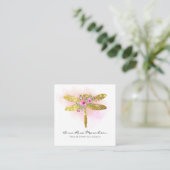 *~* Floral Waterverf Gold Pink Peach Dragonfly Vierkante Visitekaartje (Staand voorkant)