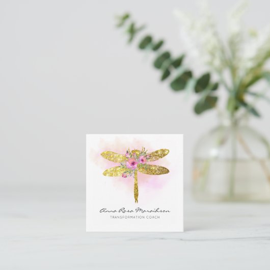*~* Floral Waterverf Gold Pink Peach Dragonfly Vierkante Visitekaartje (Staand voorkant)