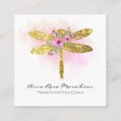 *~* Floral Waterverf Gold Pink Peach Dragonfly Vierkante Visitekaartje (Voorkant)