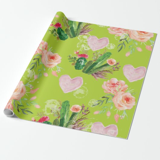 Floral waterverf Green Cactus Cadeaupapier (Uitgerold)