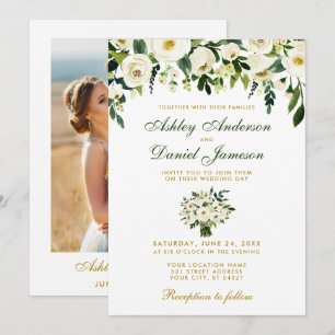 Floral Waterverf Green Gold Photo Wedding Kaart