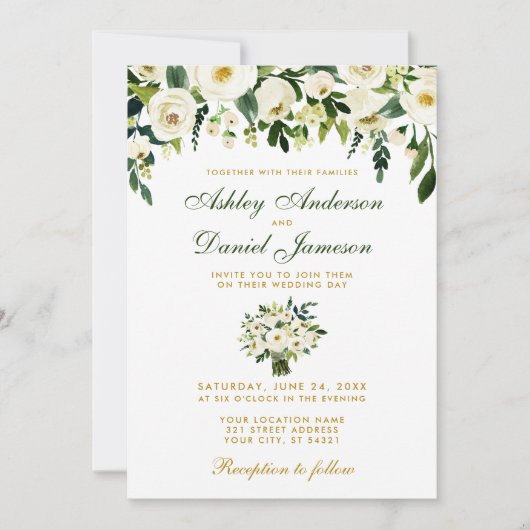Floral Waterverf Green Gold Wedding Invitation B Kaart (Voorkant)