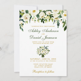Floral Waterverf Green Gold Wedding Invitation B Kaart