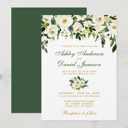 Floral Waterverf Green Gold Wedding Invitation GB Kaart (Voorkant / Achterkant)