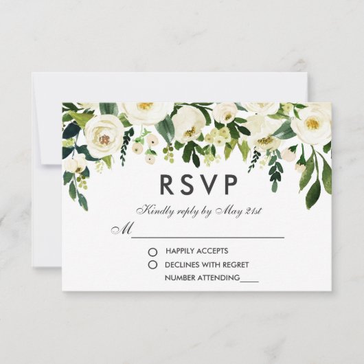 Floral Waterverf Green White Wedding RSVP (Voorkant)
