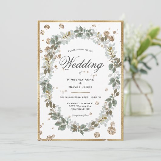 Floral Waterverf Greenery Gold Lijst Wedding Kaart (Staand voorkant)