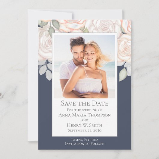 Floral Waterverf Greenery Save the Date Blue Kaart (Voorkant)