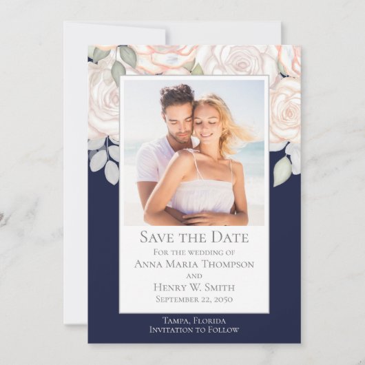 Floral Waterverf Greenery Save the Date Navy Blue Kaart (Voorkant)