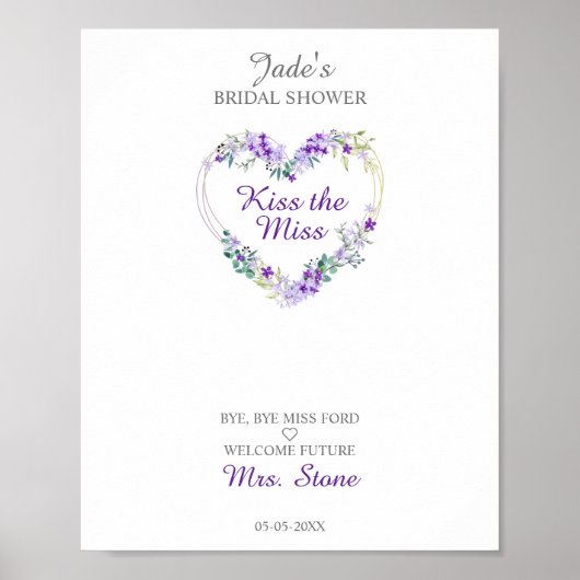 Floral Waterverf Hart met bladeren in Paars Poster (Voorkant)