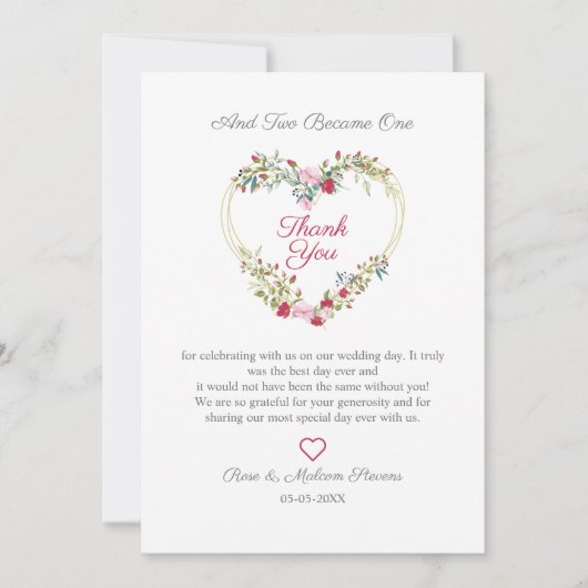 Floral Waterverf hart met bladeren in roze en rood Bedankkaart (Voorkant)