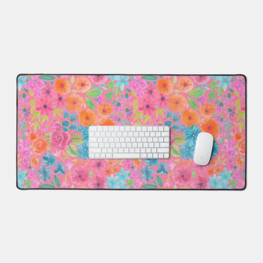 Floral waterverf in roze bureaumat (Keyboard & Muis)
