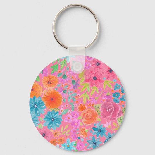 Floral waterverf in roze sleutelhanger (Voorkant)